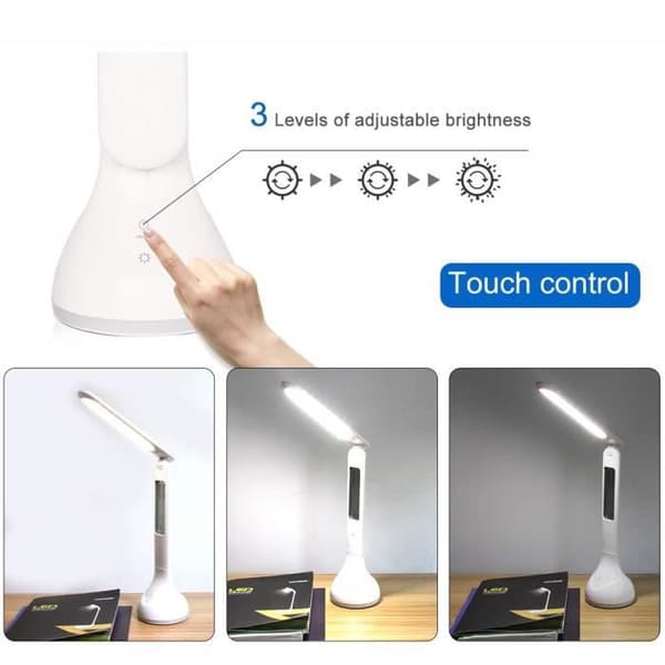 LED-bordslampa-Multifunktionsbordslampa tidskalendertemperatur-USB Uppladdningsbar,1200mAh,3 ljusstyrkanivåer
