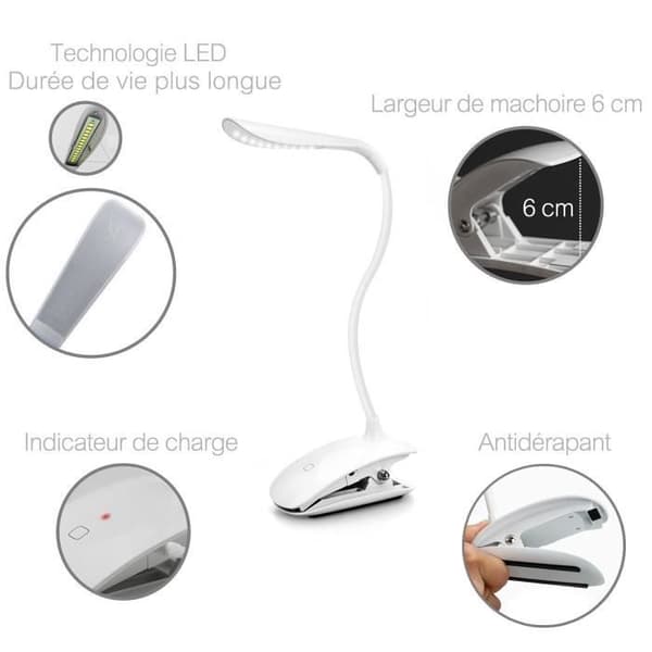 White Clamp Uppladdningsbar LED-bordslampa, Led Night Light Touch Light, 3 ljusstyrka att välja på, ögonskydd