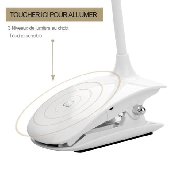 White Clamp Uppladdningsbar LED-bordslampa, Led Night Light Touch Light, 3 ljusstyrka att välja på, ögonskydd