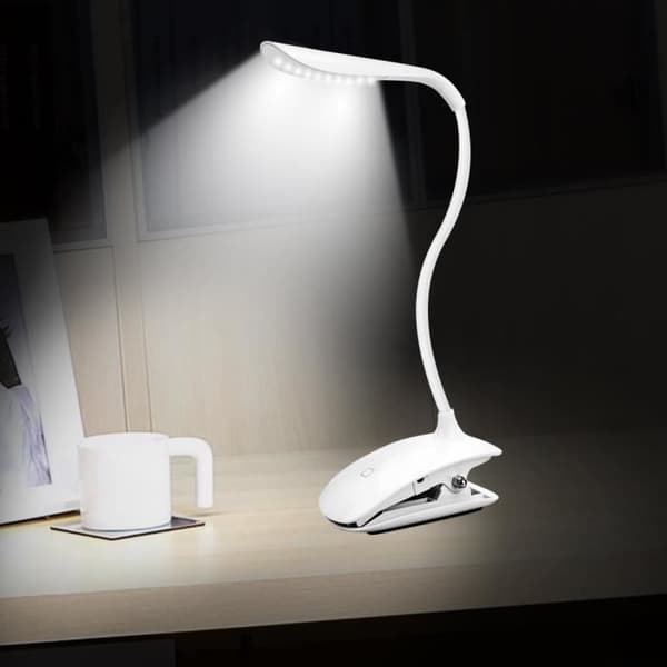 White Clamp Uppladdningsbar LED-bordslampa, Led Night Light Touch Light, 3 ljusstyrka att välja på, ögonskydd
