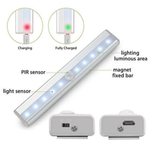 3st rörelsesensorljus, 10 LED-garderobsljus, USB-uppladdningsbart LED-nattljus, Trappljus-Vit