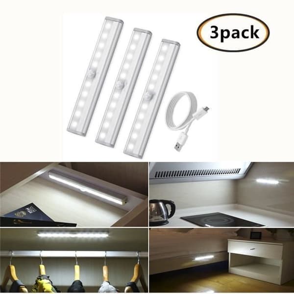 3st rörelsesensorljus, 10 LED-garderobsljus, USB-uppladdningsbart LED-nattljus, Trappljus-Vit