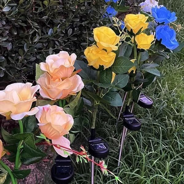 3 huvuden led solar rose lampa utomhusbelysning trädgård gräsmatta landskap dekoration gul