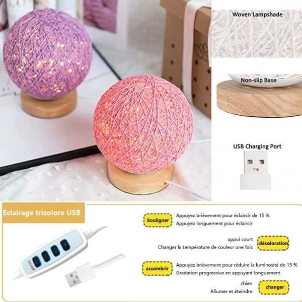USB-justerbar nattlampa i rottingboll, LED-bordslampa sänglampa, söt nattlampa för barnkammare (beige)