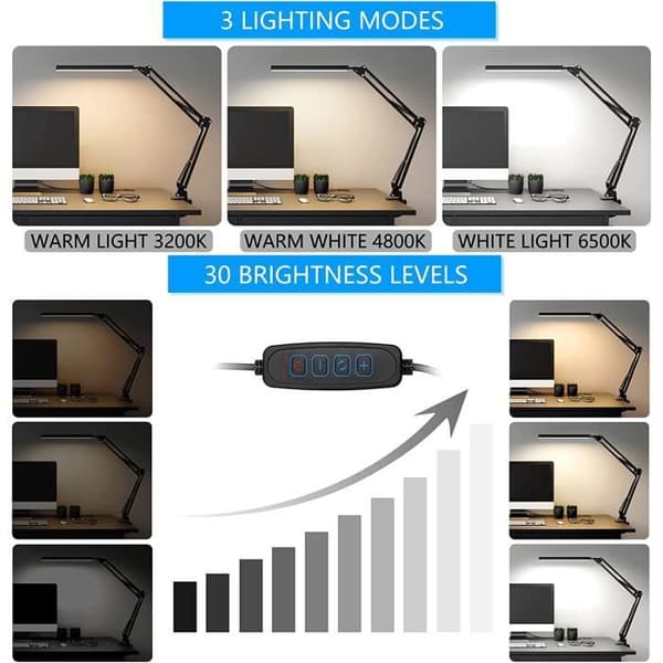 Kraftfull LED-bordslampa med klämma - Ögonskydd LED-bordslampa - 3 ljuslägen x 10 ljusstyrkanivåer - Svart
