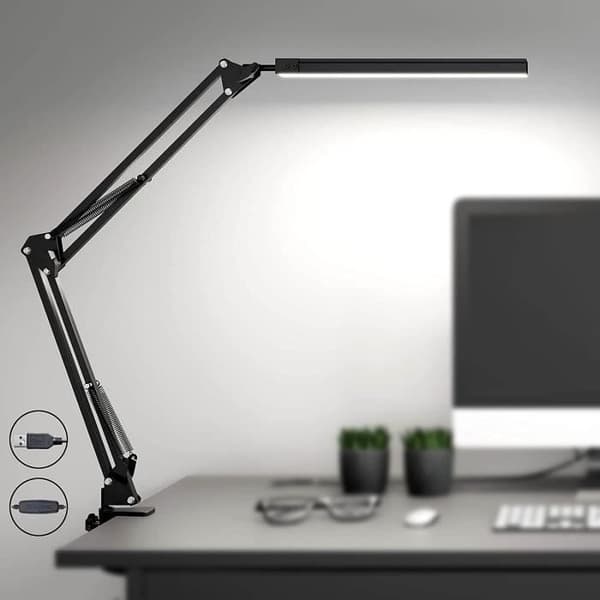 Kraftfull LED-bordslampa med klämma - Ögonskydd LED-bordslampa - 3 ljuslägen x 10 ljusstyrkanivåer - Svart