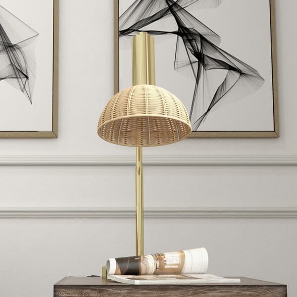 Rootz Bordslampa - Rottinglampskärm - Metallram - LED-ljus - Naturlig stil - Mångsidig belysning - Enkel montering - 18,5 cm x 35 cm x 51 cm