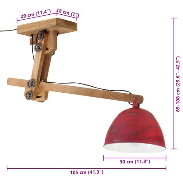 vidaXL loftlampe 105x30x65-108 25 W E27 rustik rød