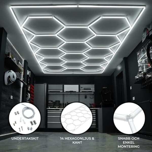 Hexagon LED Belysning 14 Lampor & Kant Bil Detaljer Verkstad Garage Gym Skönhetssalong Showroom Vit 120 Lumen 6000K Temperatur 3 Monteringsalternativ