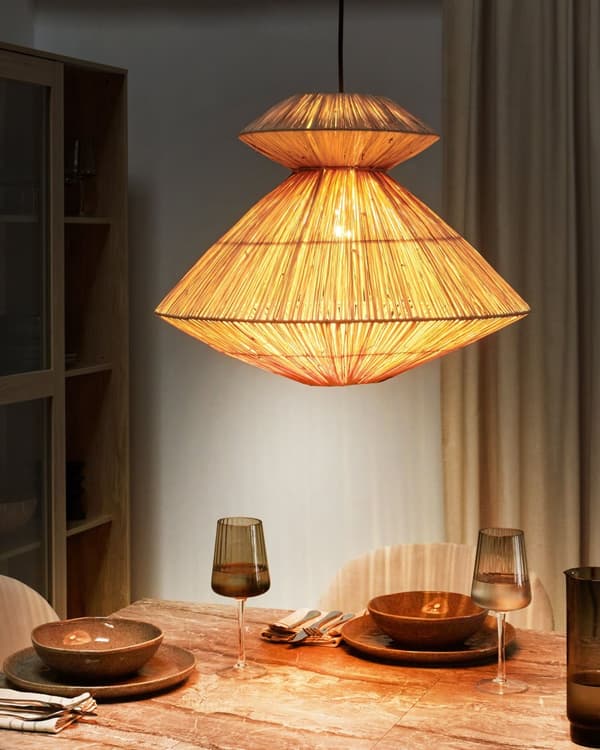Pendel Lampe Halm ø 49 cm Træ Lampe over Spisebord Boho Loftlampe til Stuen Natur Trælampe til Køkken