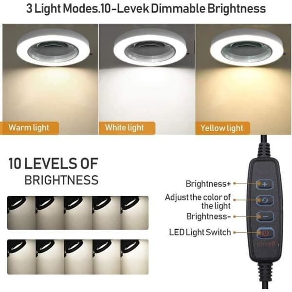 LED-metalllampa med förstoringsglas, svängarm, 3 färglägen, 1,6" glas, justerbar industriklämma (vit)
