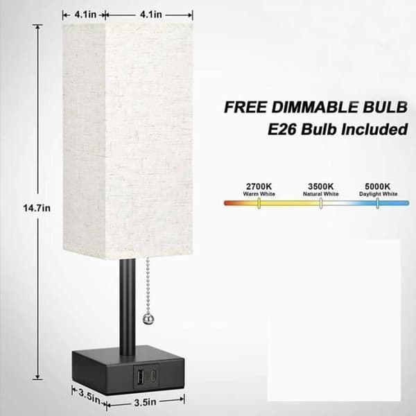 Dimbar sänglampa 3 färger (2700/3500/5000K) med USB-A+C-laddningsportar LED-lampa Dragkedja-brytare