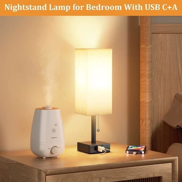 Dimbar sänglampa 3 färger (2700/3500/5000K) med USB-A+C-laddningsportar LED-lampa Dragkedja-brytare