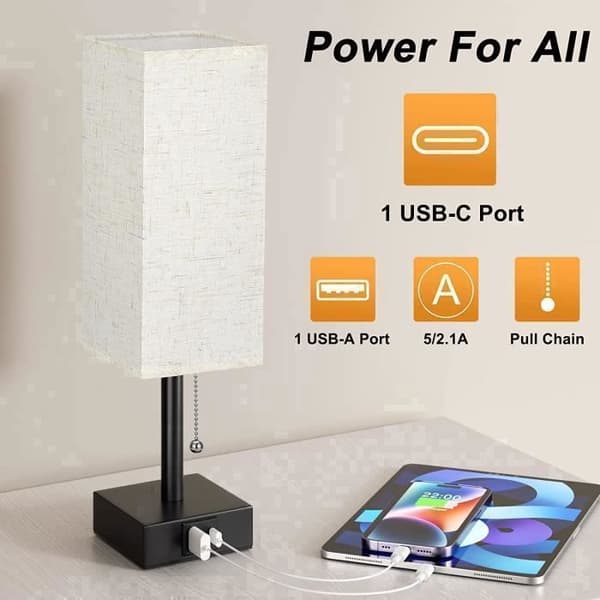 Dimbar sänglampa 3 färger (2700/3500/5000K) med USB-A+C-laddningsportar LED-lampa Dragkedja-brytare