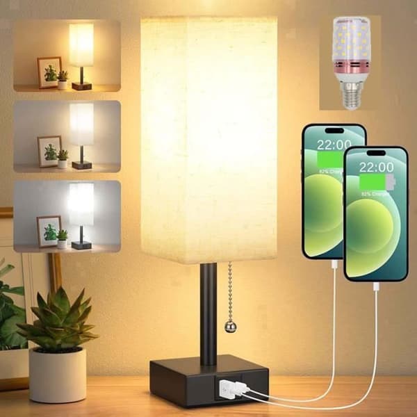Dimbar sänglampa 3 färger (2700/3500/5000K) med USB-A+C-laddningsportar LED-lampa Dragkedja-brytare