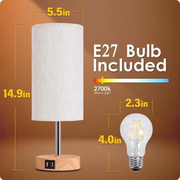 Sänglampa med USB-laddningsportar, Touch Control 3 färgtemperaturer och minimalistisk skrivbordslampa, E27-lampor