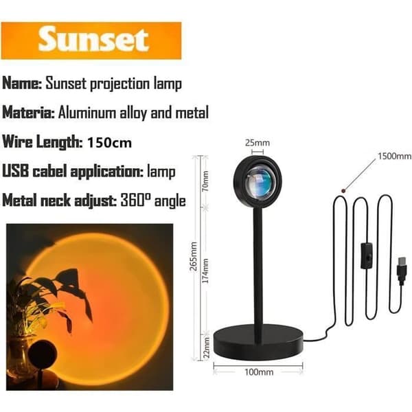 Solnedgångslampa LED Solnedgångslampa, 15 färger projektionslampa med fjärrkontroll, USB 360° roterande sänglampa