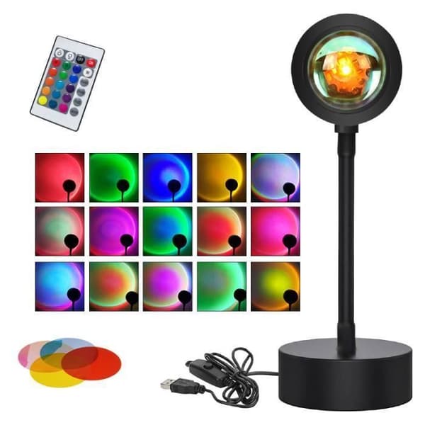Solnedgångslampa LED Solnedgångslampa, 15 färger projektionslampa med fjärrkontroll, USB 360° roterande sänglampa