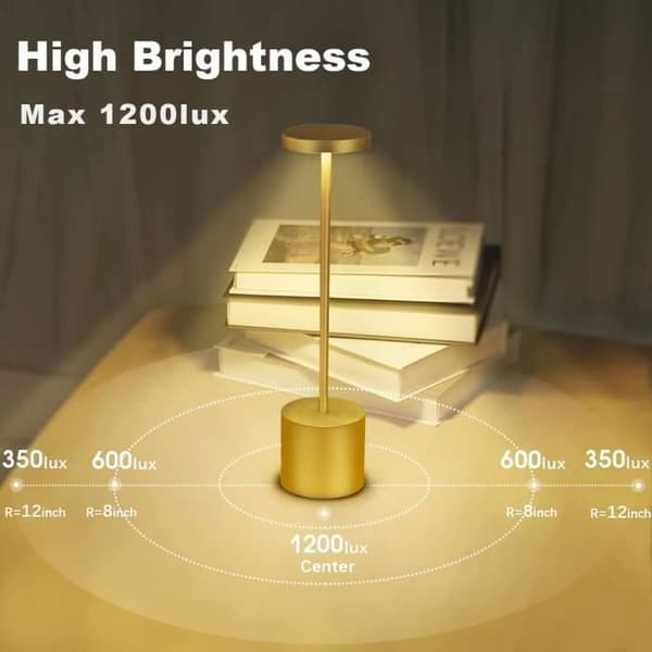 Uppladdningsbar trådlös bordslampa, 3600mAh LED-bordslampa i metall USB-laddningsdesign, 3 färglägen, för säng, guld