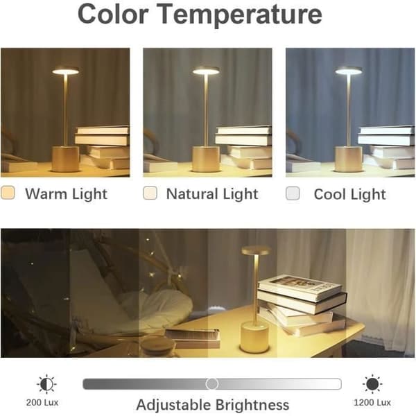 Uppladdningsbar trådlös bordslampa, 3600mAh LED-bordslampa i metall USB-laddningsdesign, 3 färglägen, för säng, guld