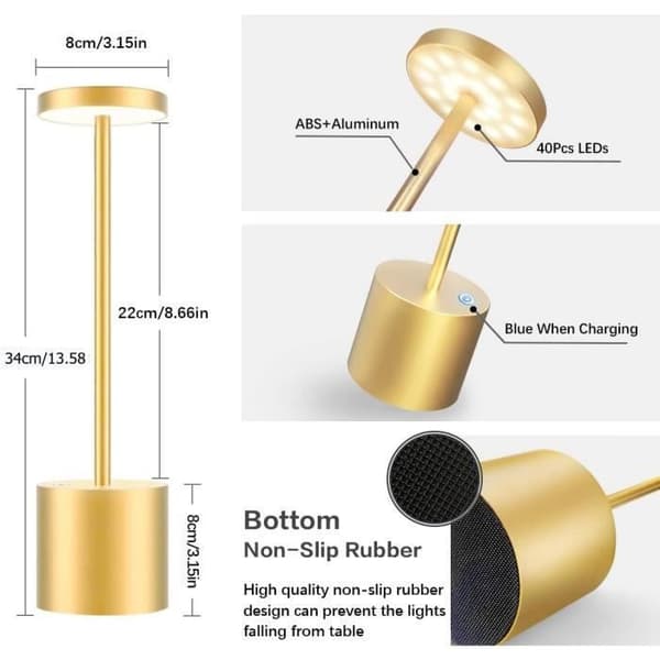 Uppladdningsbar trådlös bordslampa, 3600mAh LED-bordslampa i metall USB-laddningsdesign, 3 färglägen, för säng, guld
