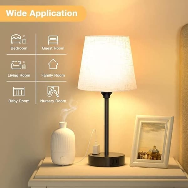Touch sänglampa med USB-A+C+AC-kontaktportar, 3 dimbara, sänglampor set om 2, linnelampskärm
