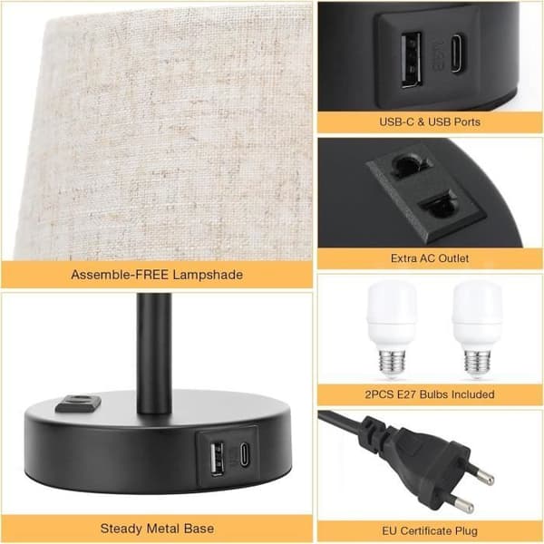Touch sänglampa med USB-A+C+AC-kontaktportar, 3 dimbara, sänglampor set om 2, linnelampskärm