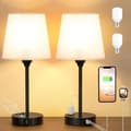 Miniatyrbild 1 av 4: Touch sänglampa med USB-A+C+AC-kontaktportar, 3 dimbara, sänglampor set om 2, linnelampskärm