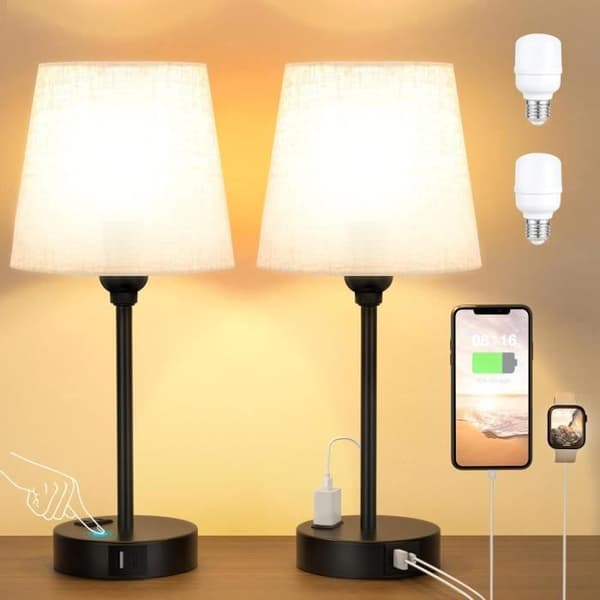 Touch sänglampa med USB-A+C+AC-kontaktportar, 3 dimbara, sänglampor set om 2, linnelampskärm