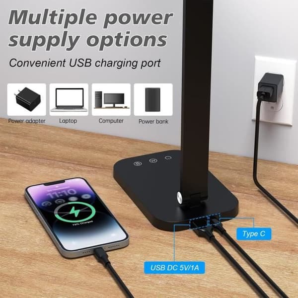 LED-bordslampa, 6W svart sladdlös skrivbordslampa, med 5 färglägen och dimbar ljusstyrka, ögonskydd USB-ljus