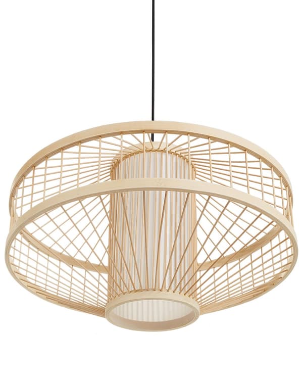 Pendellampe bambus naturlig farve lys træ flettet diffust lys moderne stil