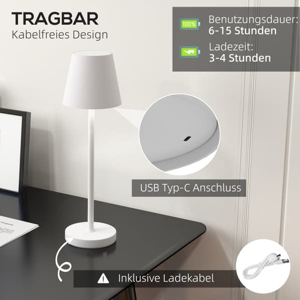 Rootz LED-bordlampe - Genopladelig skrivebordslampe - USB-opladning - Tre farvetilstande - Moderne design - Berøringsfølsom - IP52 - Hvid - 11,2 cm x