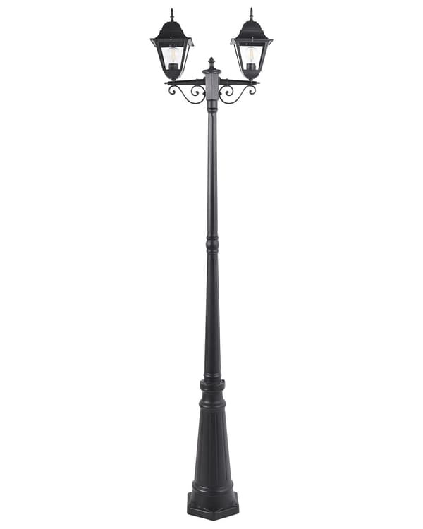 Lyktstolpe med 2-lampor Svart Trädgårdslampa Aluminium Glasskärm Utomhus Trädgårdsbelysning Vintage Design Uteplats