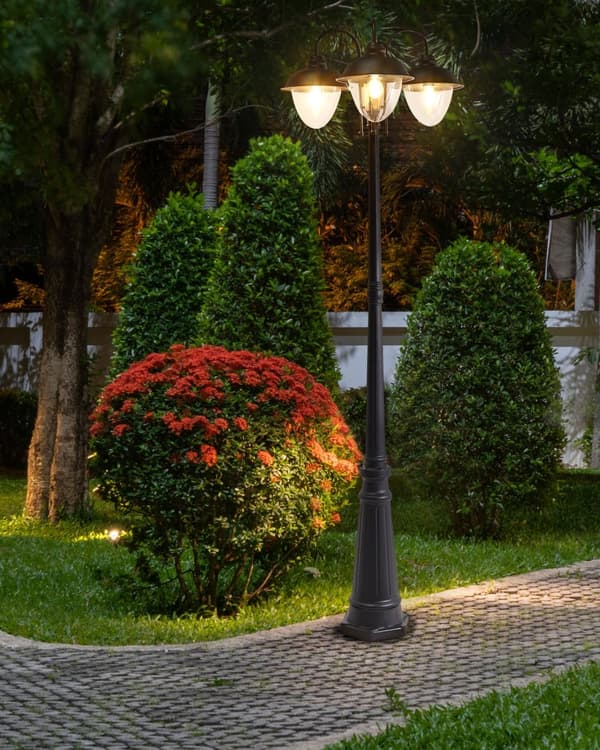 Lygtepæl Sort Aluminium 209 cm Gadelygte til Haven LED Gadelampe med 3 Arme Klassisk Lysstolpe Design Belysning Udendørs Gadelys