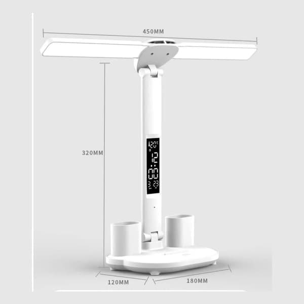 Pöytävalaisin LED kaksipäinen monitoiminen taitettava kosketus kalenterikellolla USB-pöytälamppu makuuhuoneen sängyn vierelle lukuvalo, valkoinen