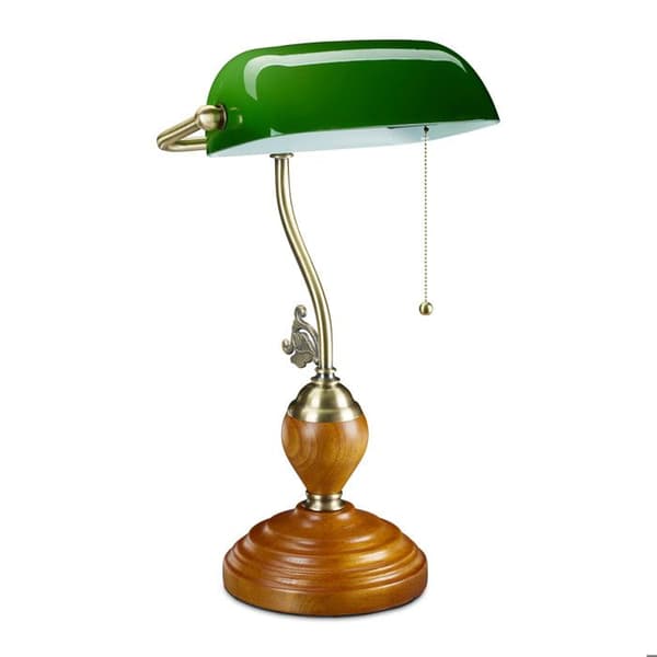 Relaxdays banklamp med dragströmbrytare, lutande lampskärm, träbas, retrodesign, E27-sockel, kontor.