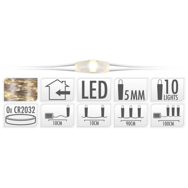 SIA Sølvtråd Julelys på Batteri 90cm 10 LED Lys