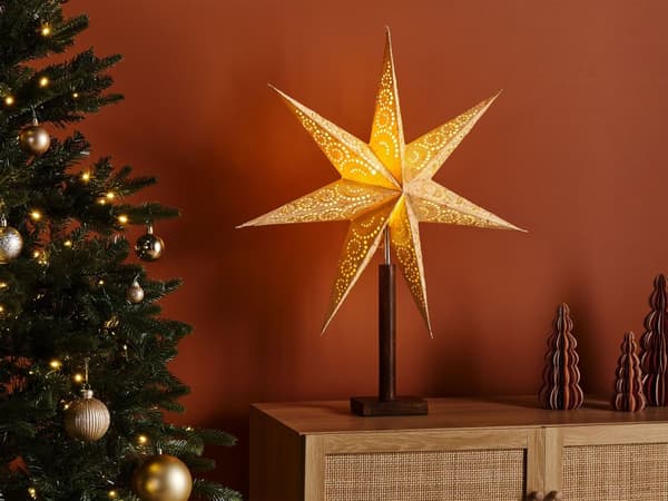 Julstjärna Dekoration Lampa Beige Papper Mangoträ Julpynt Handgjord
