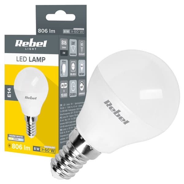 Led lampe Rebel G45, 8W, E14, 3000K, 230V