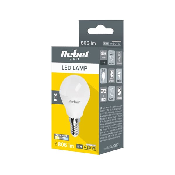 Led lampe Rebel G45, 8W, E14, 3000K, 230V