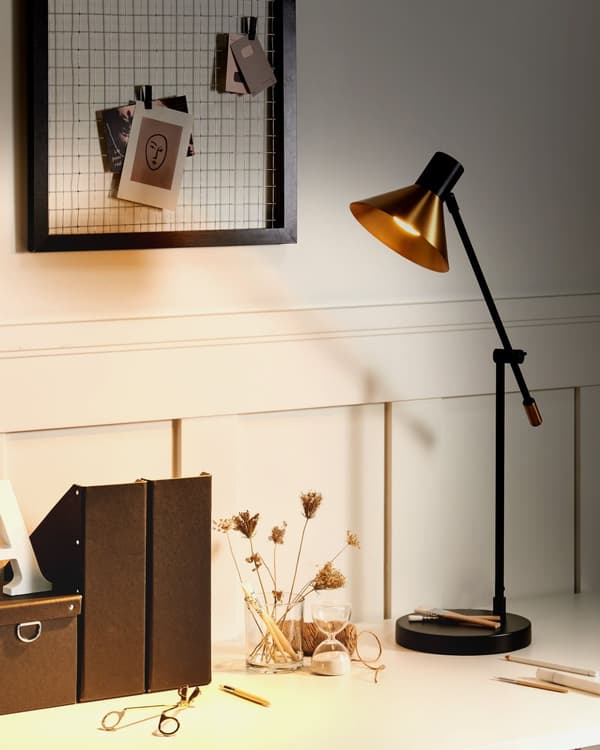 Bordlampe Svart Gull Metall Jern med Justerbar skjerm og arm Stue Soverom Moderne