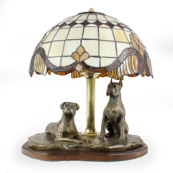 Boxer, Boxer - lampe med en farvet glas lampeskærm, bordlampe med en hund statuette, retro interiør design af Art-Dog