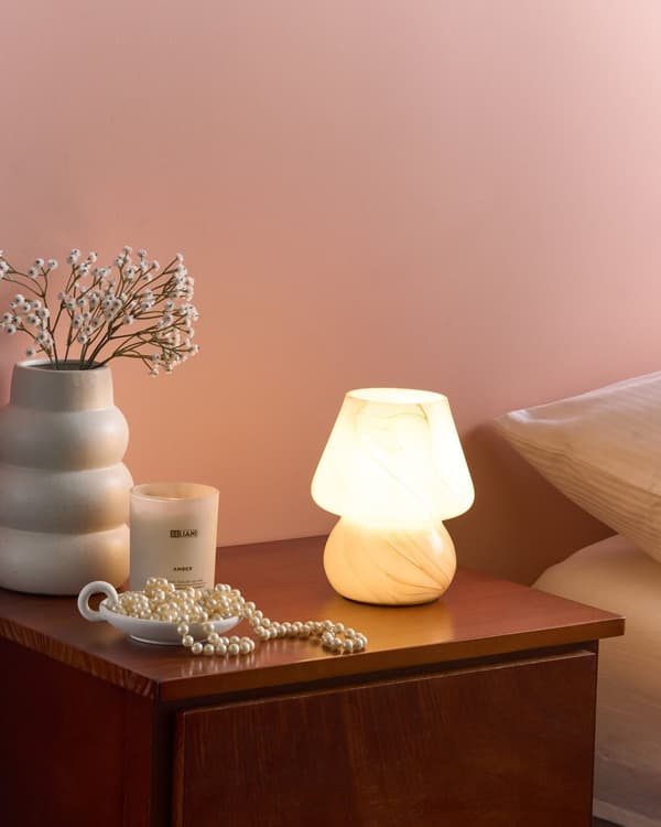 Bordlampe Sengelampe Beige Glass Rund Sokkel Moderne Design med Kabel