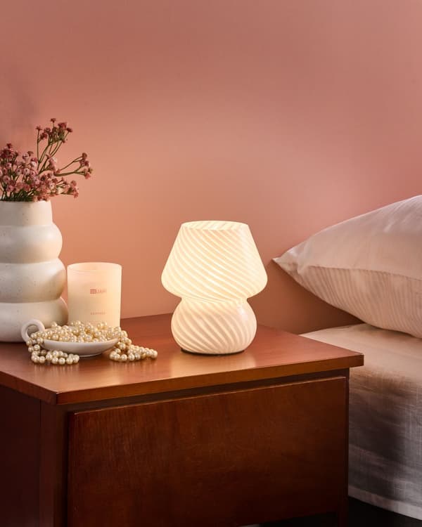 Bordlampe Sengelampe Hvit Glass Rund Sokkel Moderne Design med Kabel