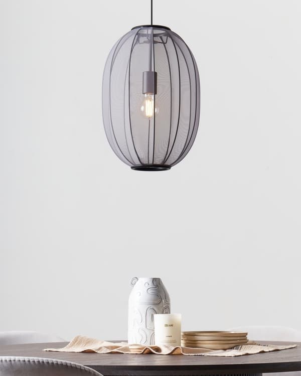 Pendel Lampe Sort Stof ø 30 cm Rispapirlampe Oval Hængelampe Ribbet Lampeskærm Loftpendel over Spisebord Hængelys Spisebordslampe Design