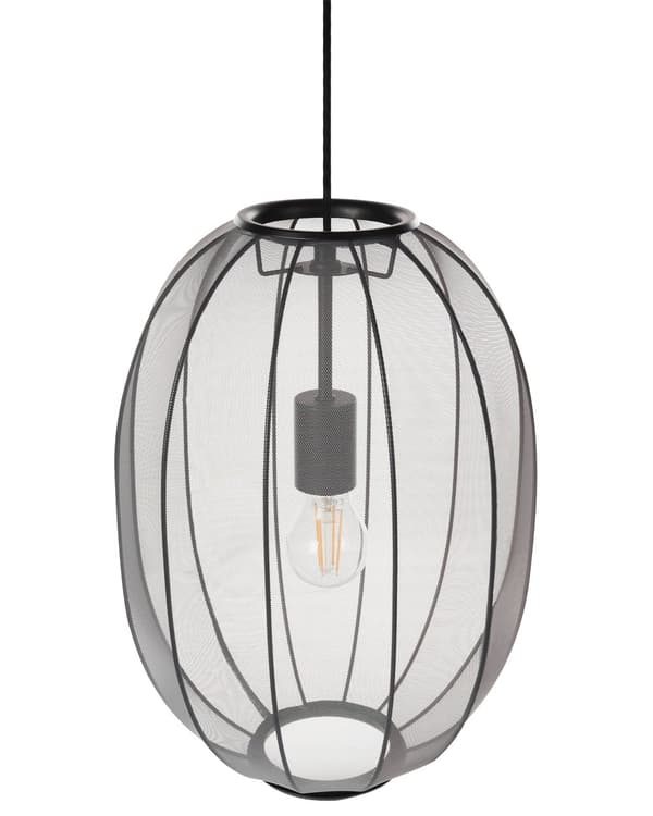Pendel Lampe Sort Stof ø 30 cm Rispapirlampe Oval Hængelampe Ribbet Lampeskærm Loftpendel over Spisebord Hængelys Spisebordslampe Design