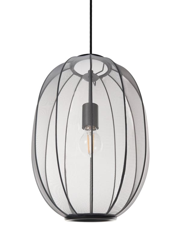 Pendel Lampe Sort Stof ø 30 cm Rispapirlampe Oval Hængelampe Ribbet Lampeskærm Loftpendel over Spisebord Hængelys Spisebordslampe Design