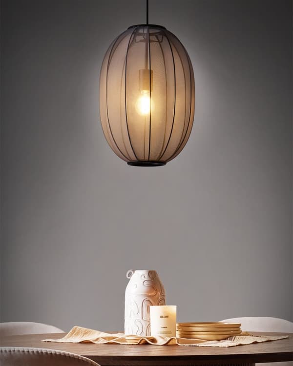 Pendel Lampe Sort Stof ø 30 cm Rispapirlampe Oval Hængelampe Ribbet Lampeskærm Loftpendel over Spisebord Hængelys Spisebordslampe Design