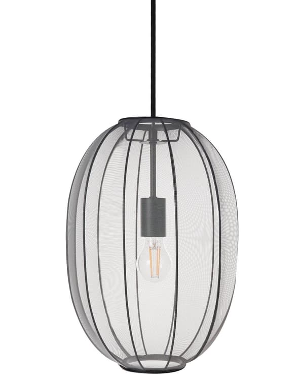 Pendel Lampe Sort Stof ø 30 cm Rispapirlampe Oval Hængelampe Ribbet Lampeskærm Loftpendel over Spisebord Hængelys Spisebordslampe Design