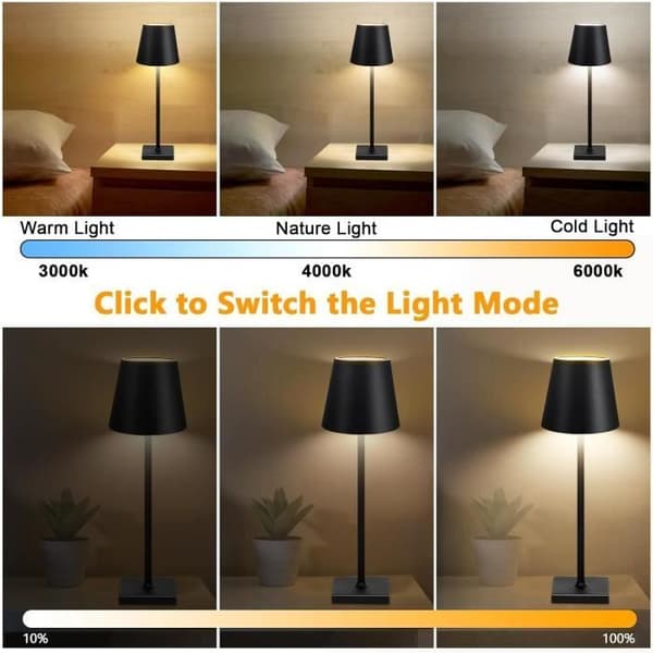 Trådlampa LED med uppladdningsbart batteri, 5200mAh modern ljus, 3 dimningsnivåer med touchkontroll, 2-pack
